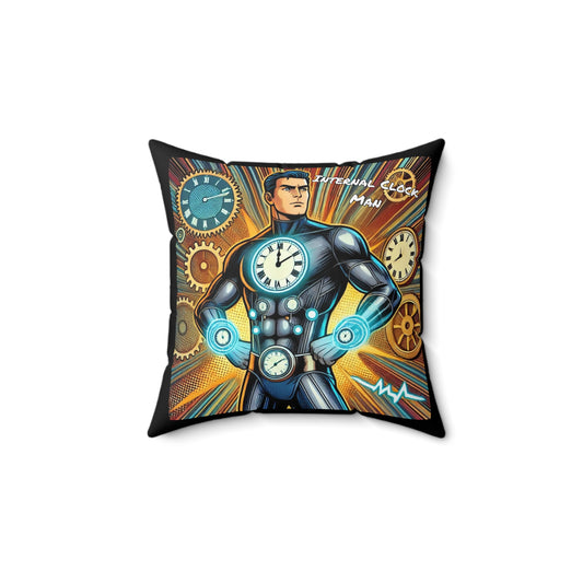 Internal Clock Man Super Hero Spun Polyester Square Pillow