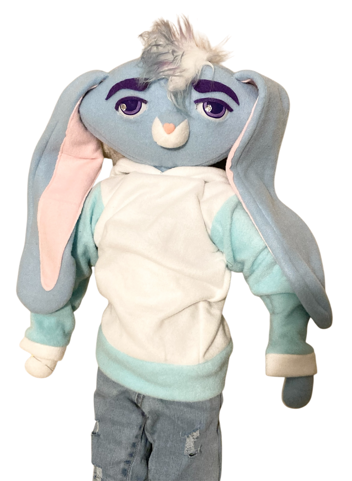 Bunny Dude 34 inch Plushie Art Doll One of a Kind with hoodie, jeans, and shoes